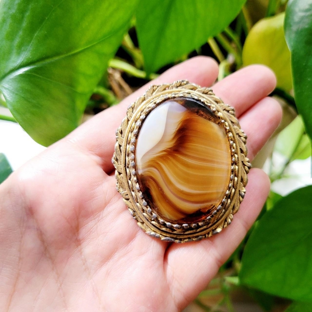 Vintage Agate Gemstone Lapel Brooch Pin - Picture 4 of 8